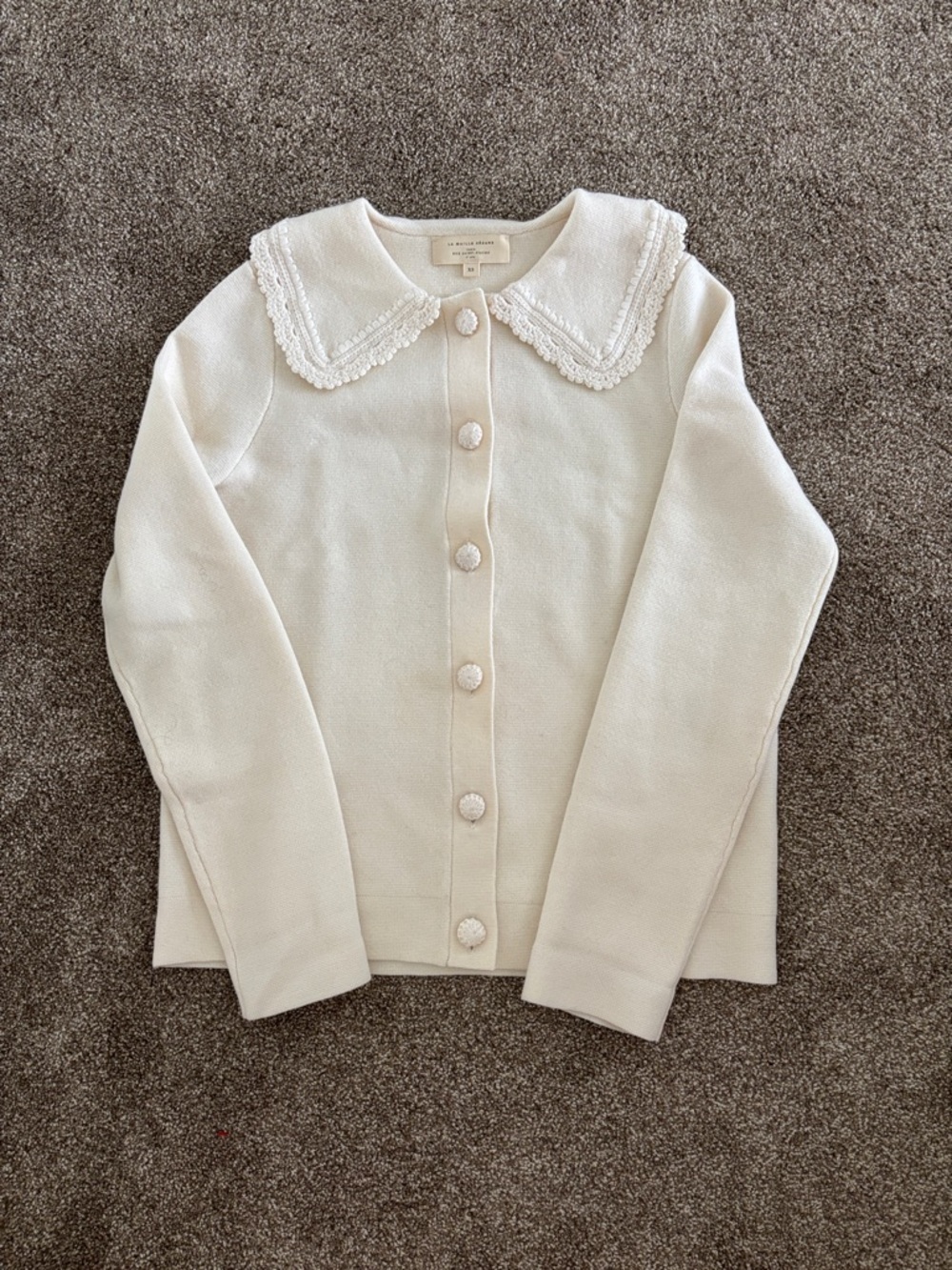 Sézane Cream Button-Front Knit Cardigan with Lace Collar